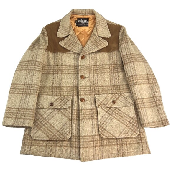 VTG Campus Studio One Plaid Flannel Sport Field Jacket Coat Beige Wool 44L Mens - Picture 1 of 7